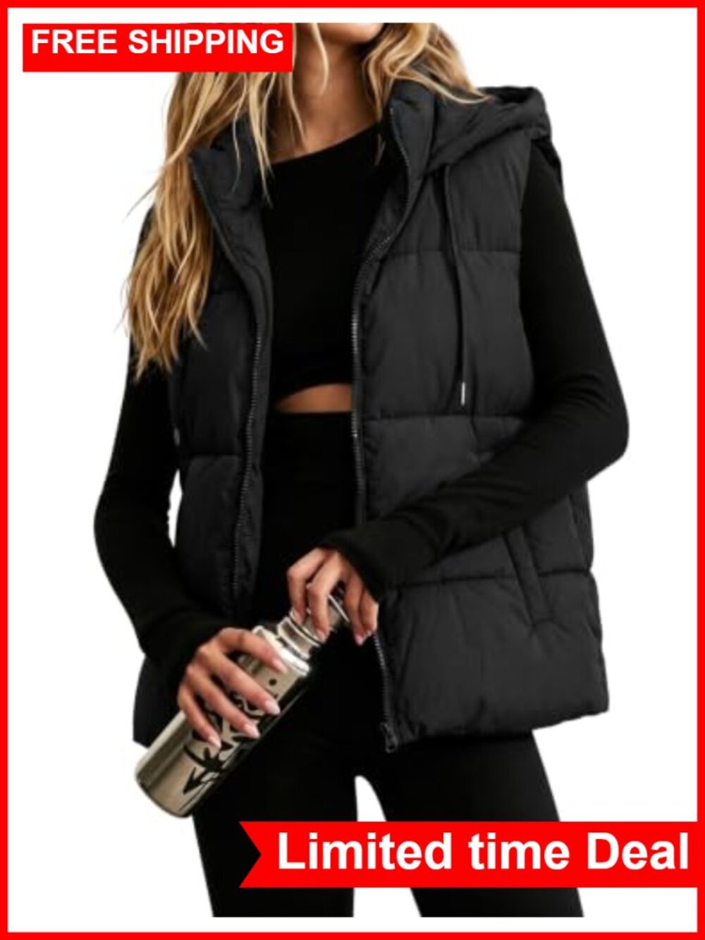 Quilted Puffer Vest with Removable Hood Sleeveless Winter Coat